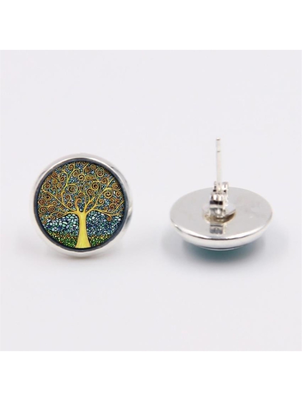 Golden Tree of Life Painting Glass Cabochon Round Silver Plated Stud Earrings - Picture 2 of 3